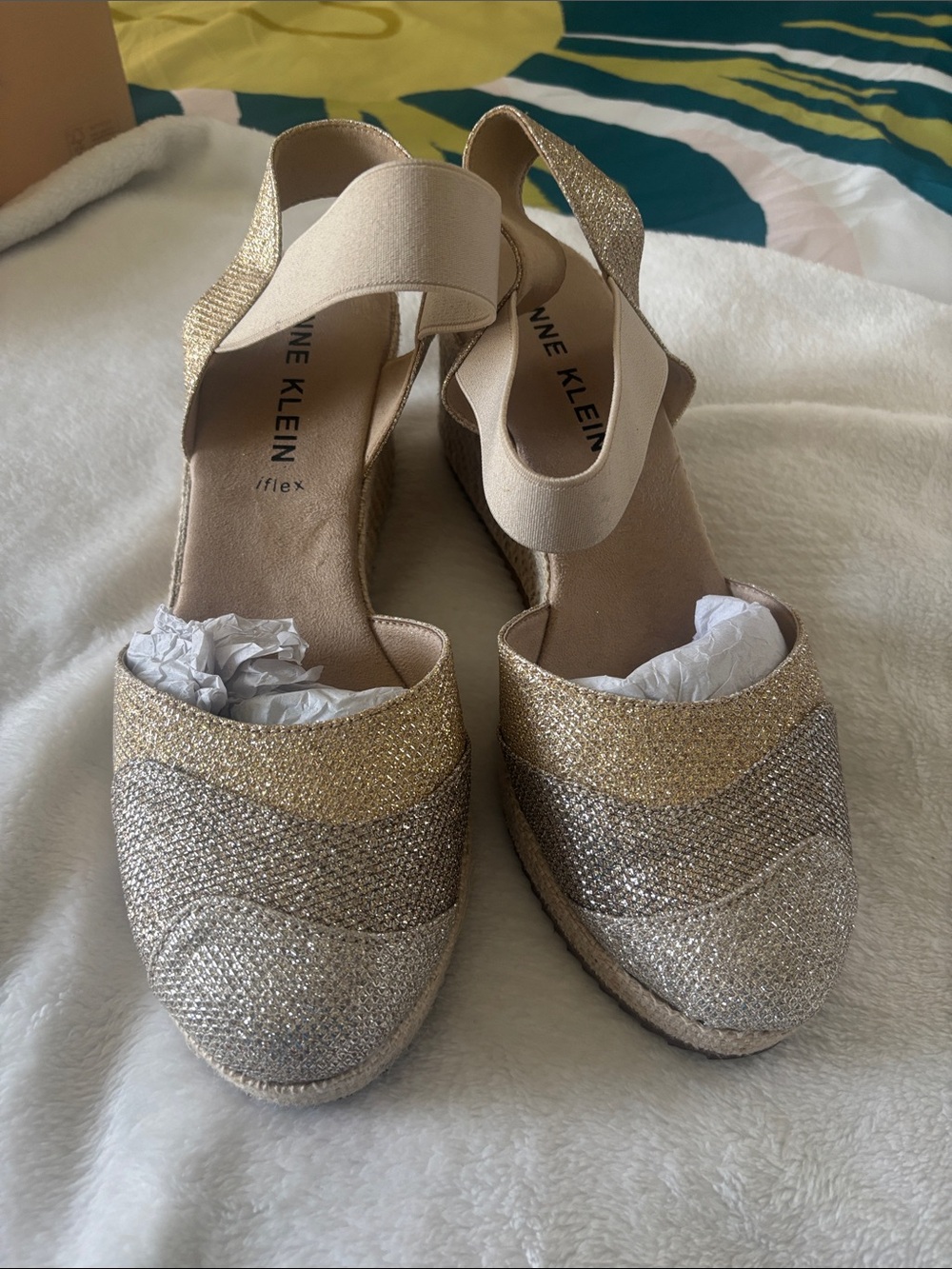 Anne Klein Gold and Silver Glitter Wedge Slingback Sandals - women’s size 9.5